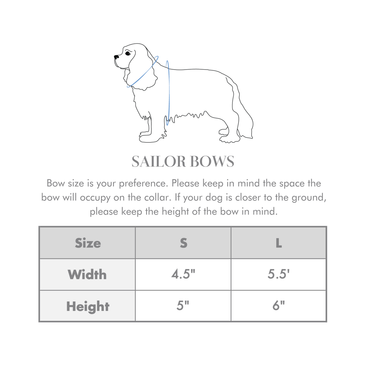 Sailor bow size chart: S 4.5 in wide, 5 in high; L 5.5 in wide, 6 in high
