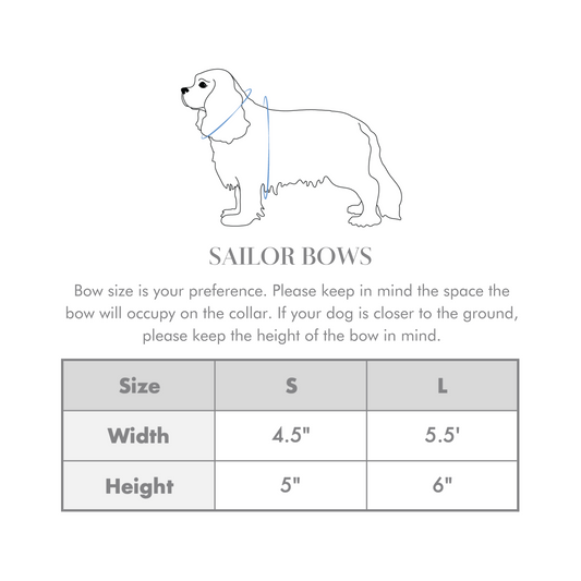 Sailor bow size chart for dogs with width and height measurements