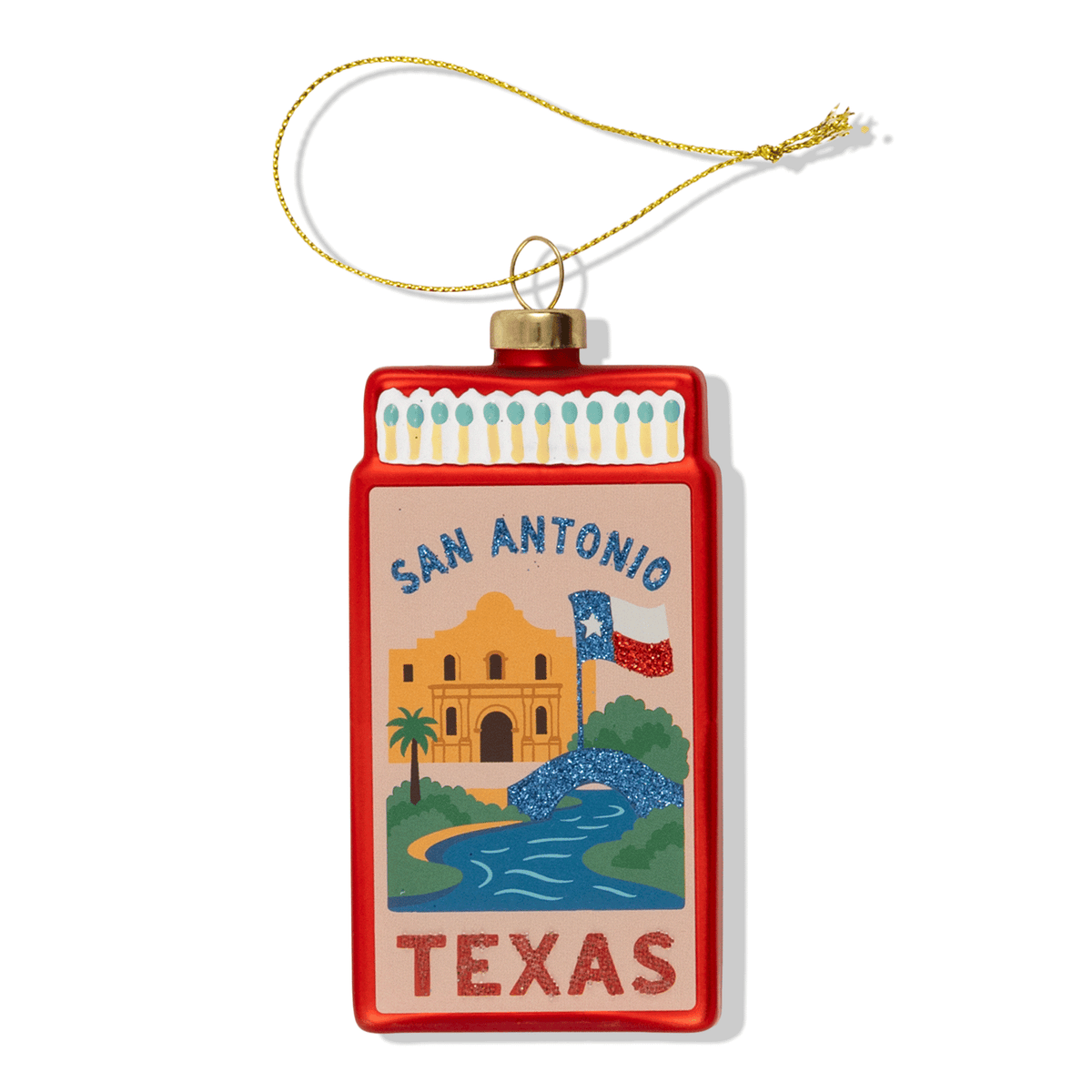 San Antonio matchbook ornament, red with 'SAN ANTONIO' and 'TEXAS' graphic