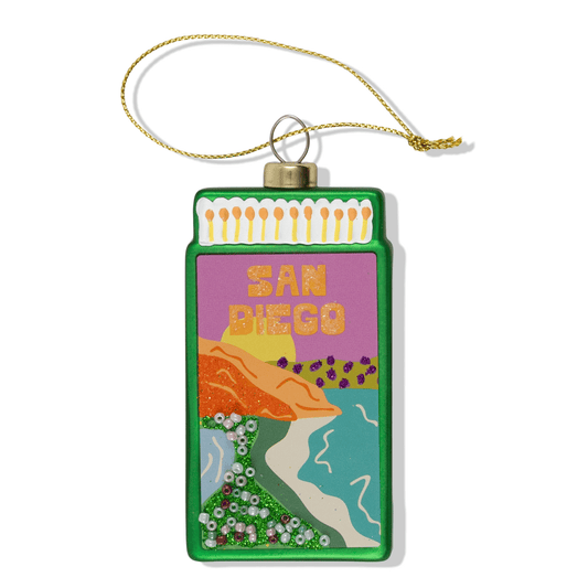 Green matchbook ornament with 'SAN DIEGO' graphic and hanging cord