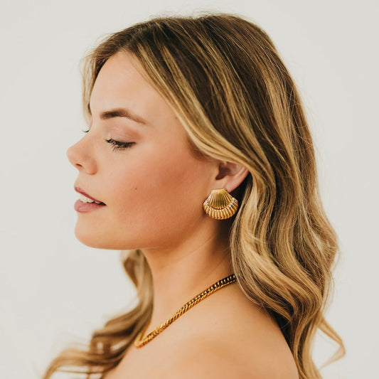 Gold scalloped shell hoop earrings, drop style