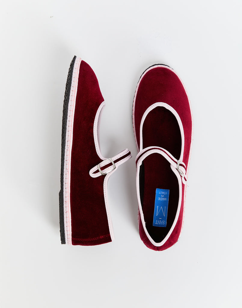 Bordeaux suede Mary Jane flats with white trim and strap
