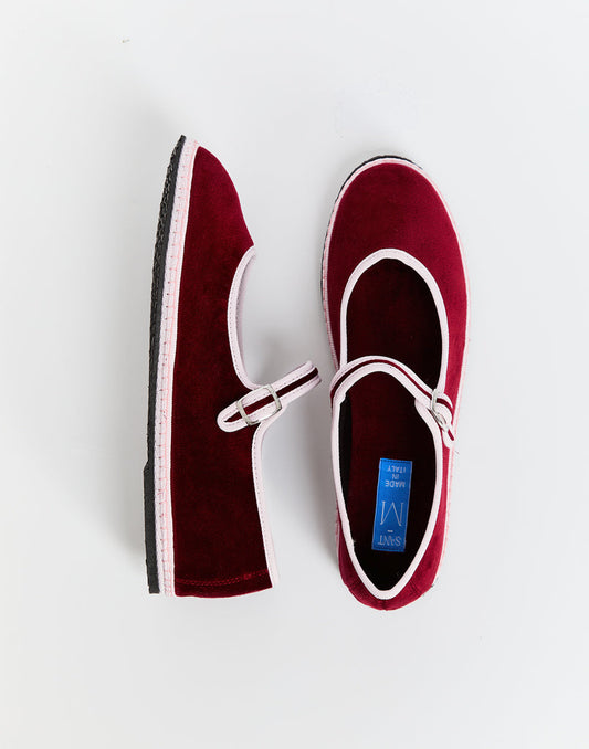 Bordeaux suede Mary Jane flats with white trim and strap