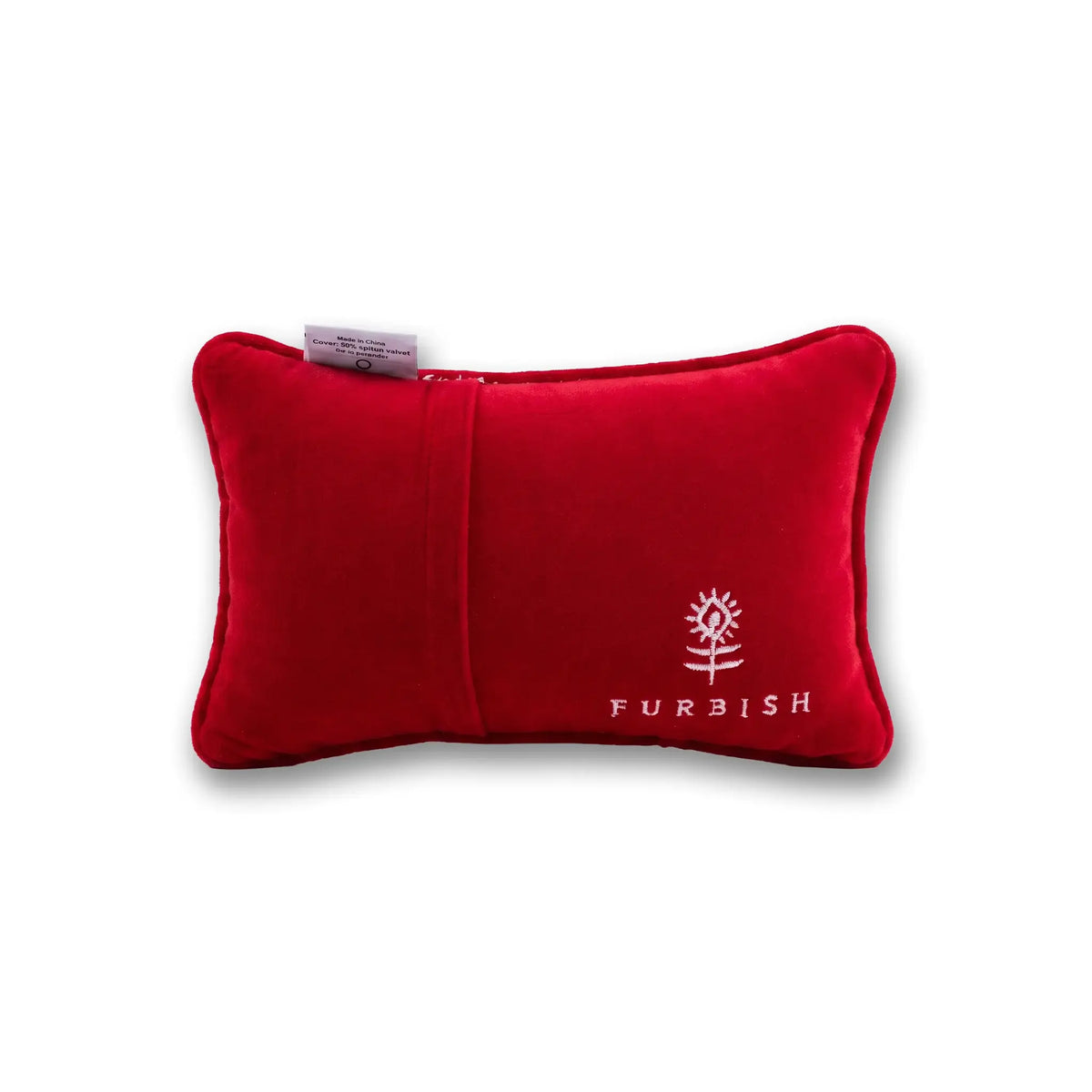 Red back mini needlepoint pillow with FURBISH logo and pine tree emblem