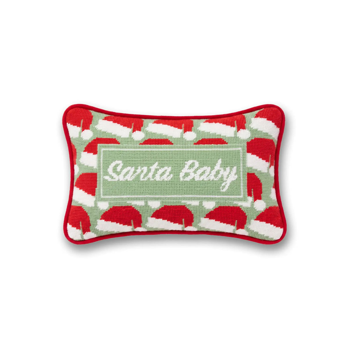 Santa Baby mini needlepoint pillow with red trim and white script text