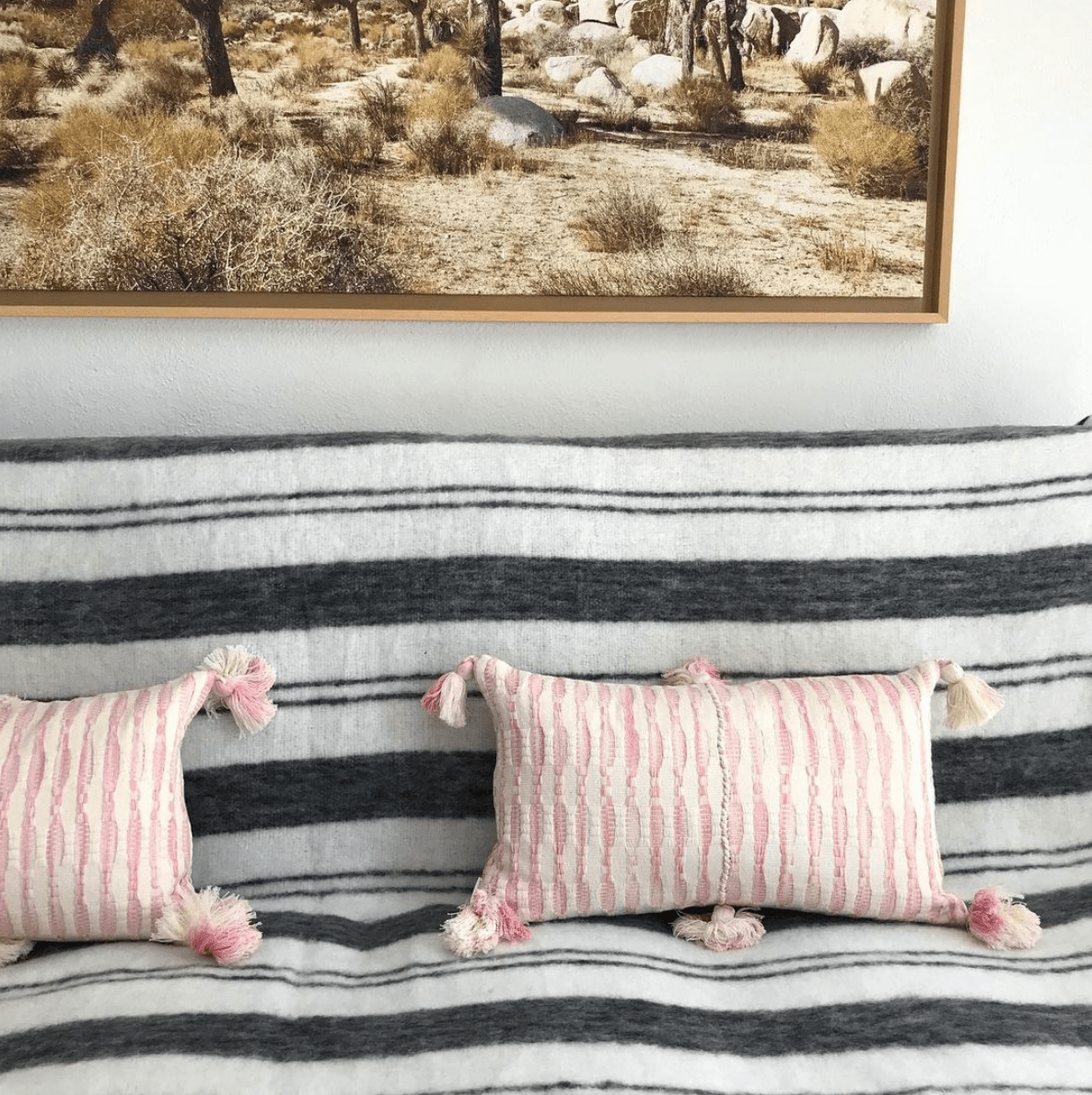 Faded pink striped pillow covers with fringe tassel trim, two cushions on rug