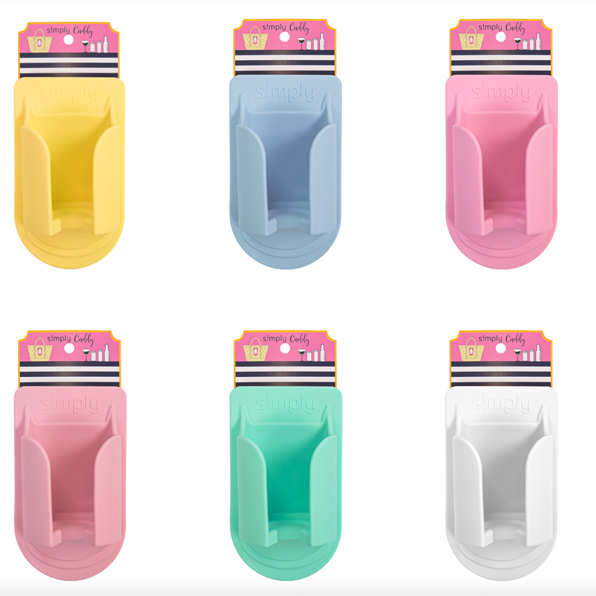 Yellow snap-in tote cup holder insert with side grips, shown on card packaging