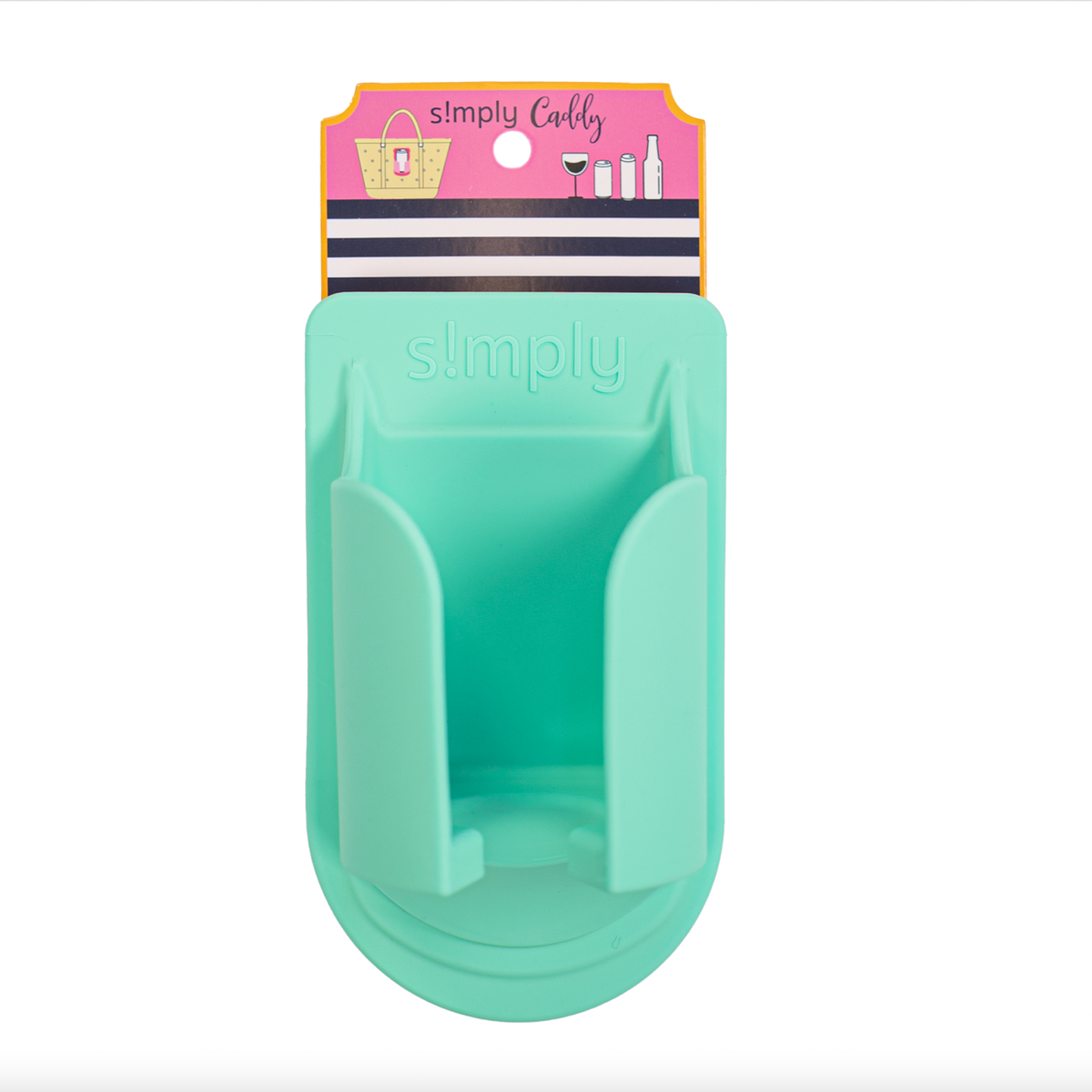 Teal green snap-in tote cup holder insert with molded walls, on card packaging