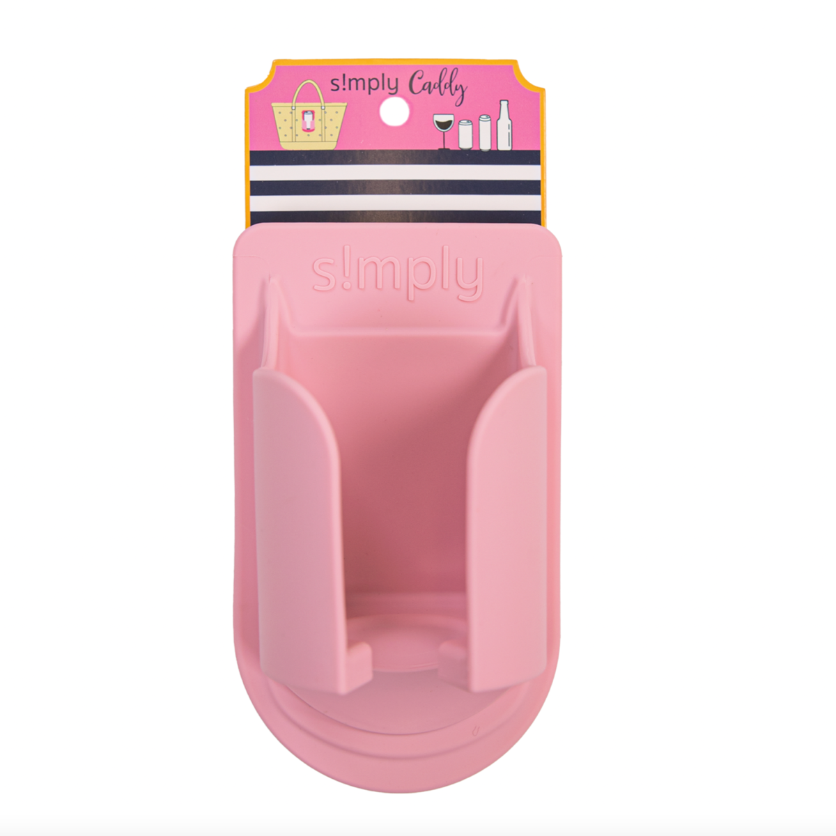 Pink snap-in tote cup holder insert with arched interior, card packaging shown