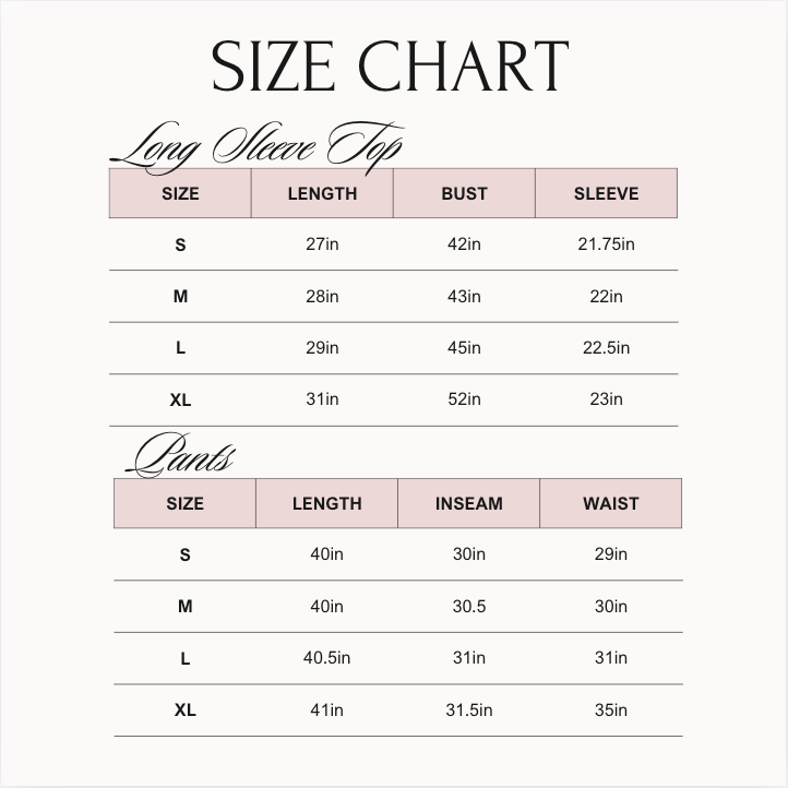 Size chart for long sleeve top and pants with bust, length, inseam, and waist measurements.