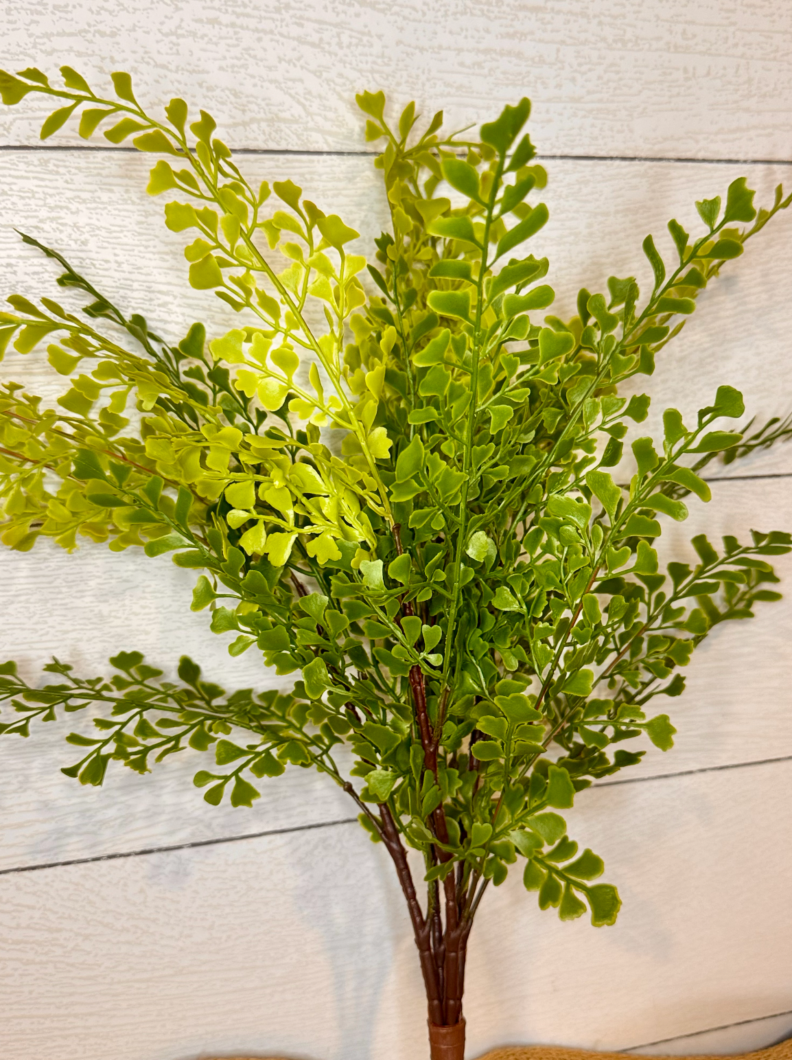 Artificial maidenhair fern bundle with fresh green fronds and brown stems, full frond spray