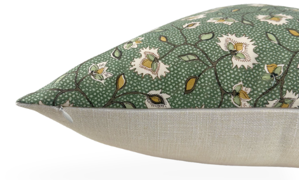 Emerald green floral pillow cover with stitched edge and cream backing