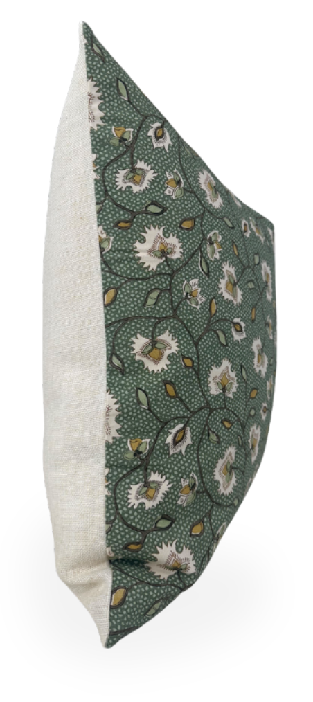 Emerald green floral pillow cover in side view with cream and brown details