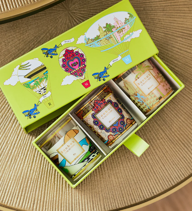 Baobab trio travel candles gift set, open lime box with three jars and wicks