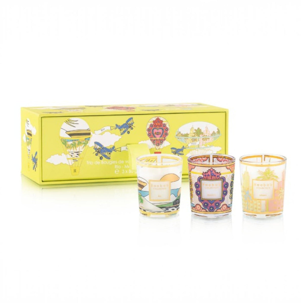 Baobab trio travel candles in yellow gift box with three labeled glass jars