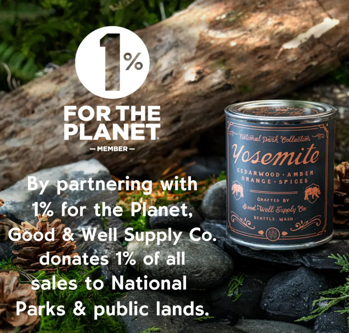 Yosemite candle in a dark blue tin with orange label details