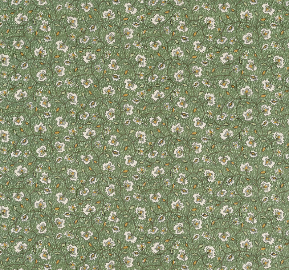 Patterned emerald pillow cover fabric with small cream flowers and brown leaves