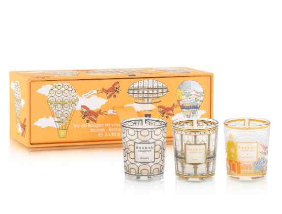 Baobab Collection trio travel candle tins with illustrated labels, with orange gift box