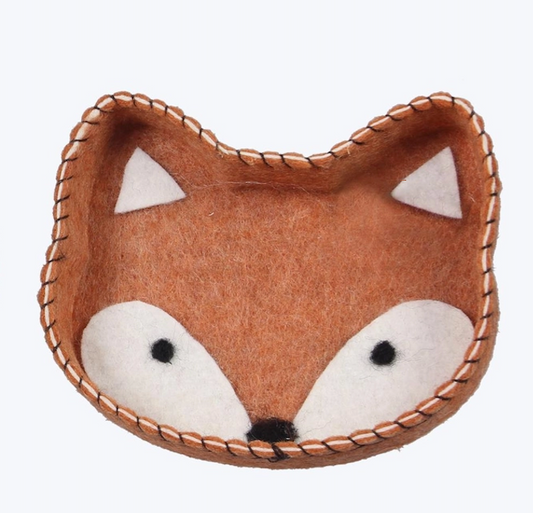 Felted wool fox trinket tray with stitched edge and white face patches