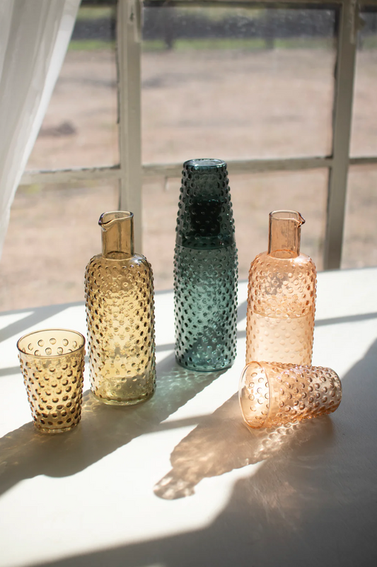 Bubble-textured glass tumbler carafe set with cups, assorted teal, gold, and peach