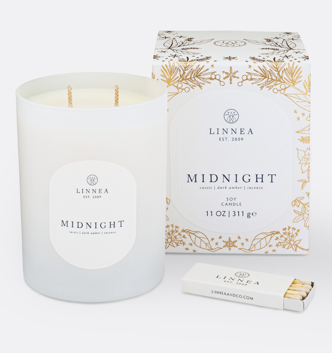 Large 2-wick candle in white matte jar, Midnight label; includes gift box and matches