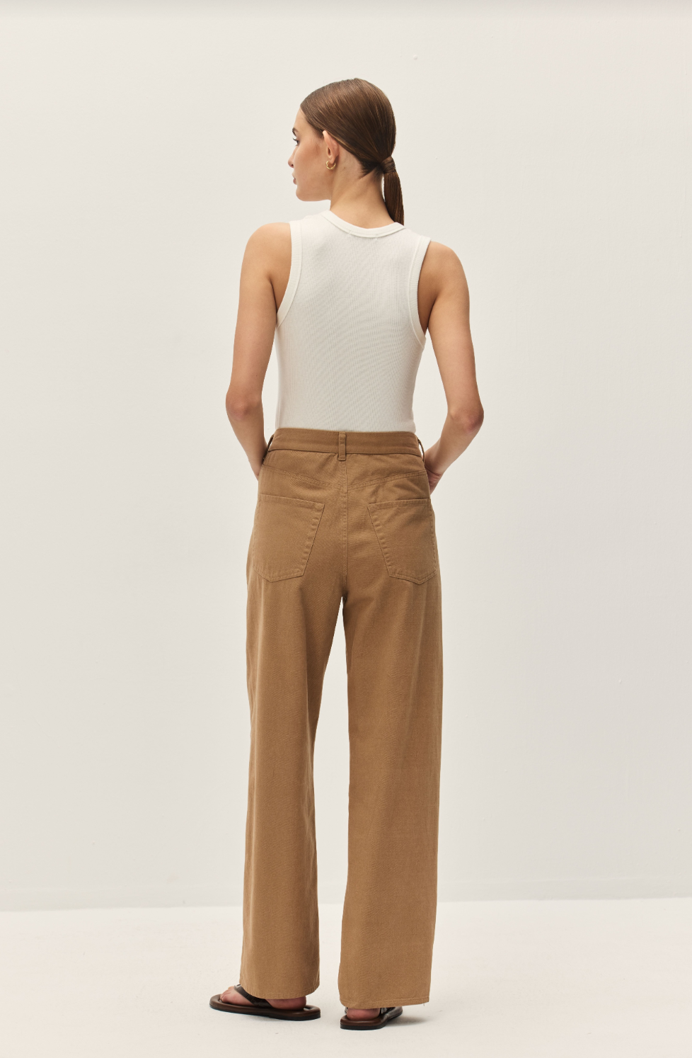 Mocha wide-leg pants, back view, drawstring waistband and side pockets