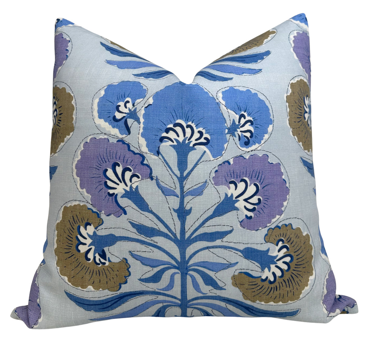 Lavender and blue botanical pillow cover with navy and tan leaf medallions