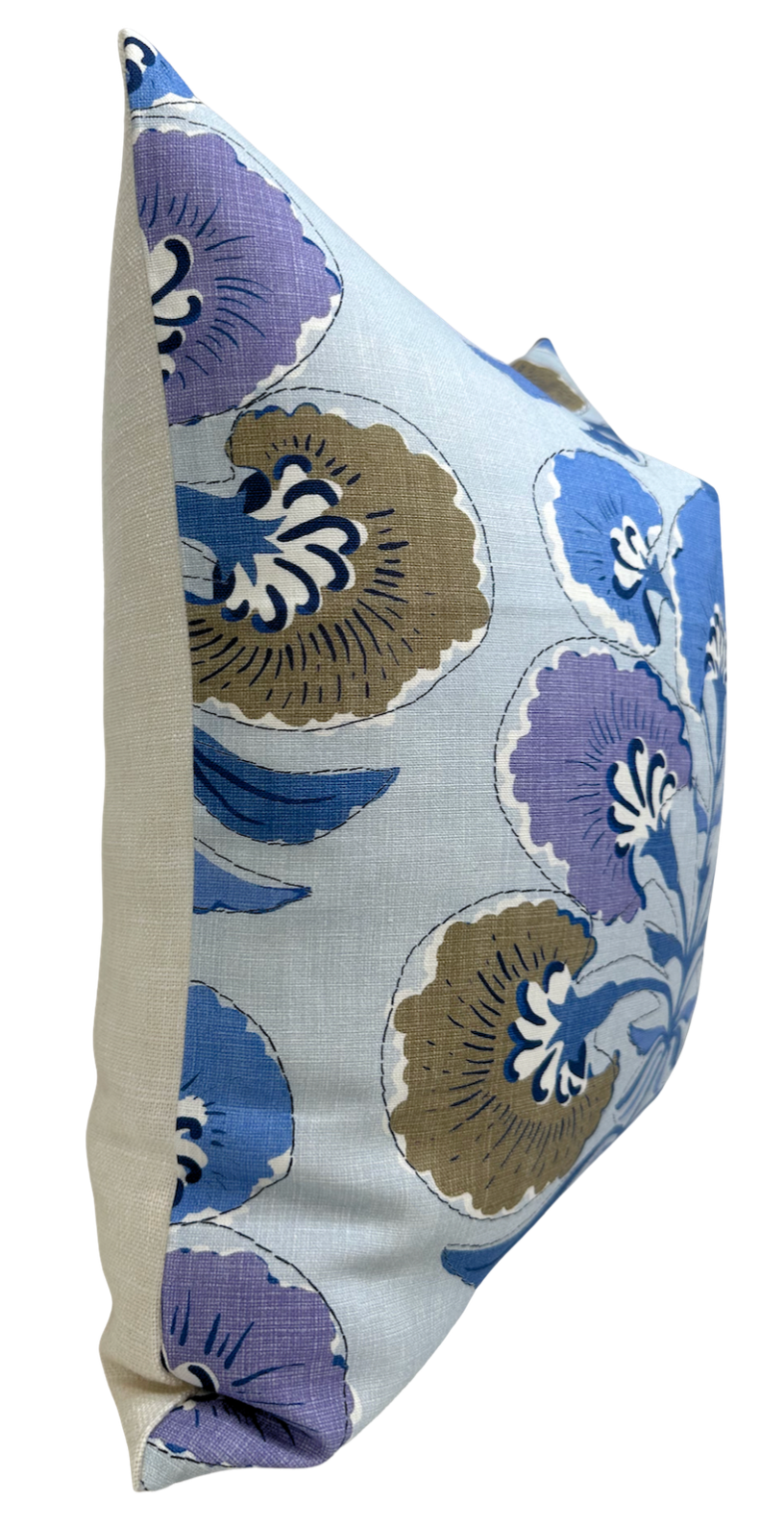Lavender and blue botanical pillow cover with side view and leaf medallion print