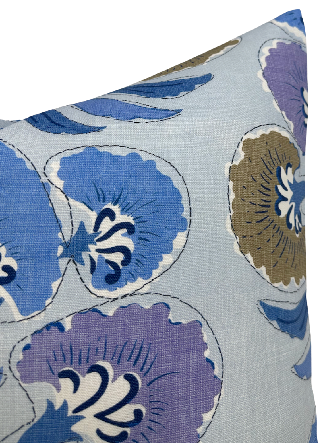 Lavender and blue floral pillow cover fabric close-up with leaf and vine detail