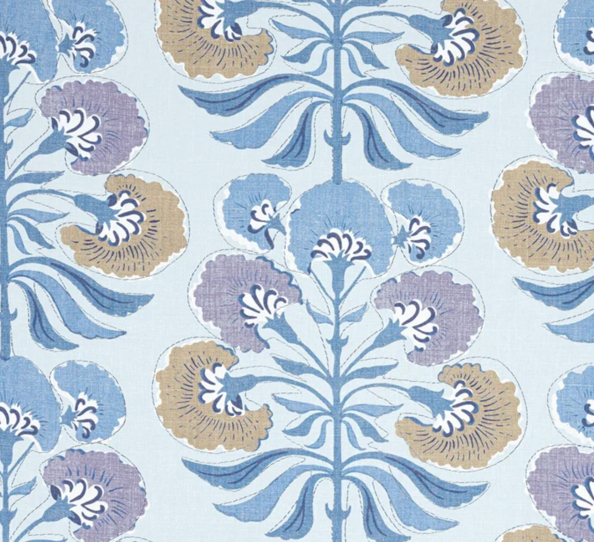 Lavender and blue botanical pillow cover fabric with repeating leaf medallion pattern
