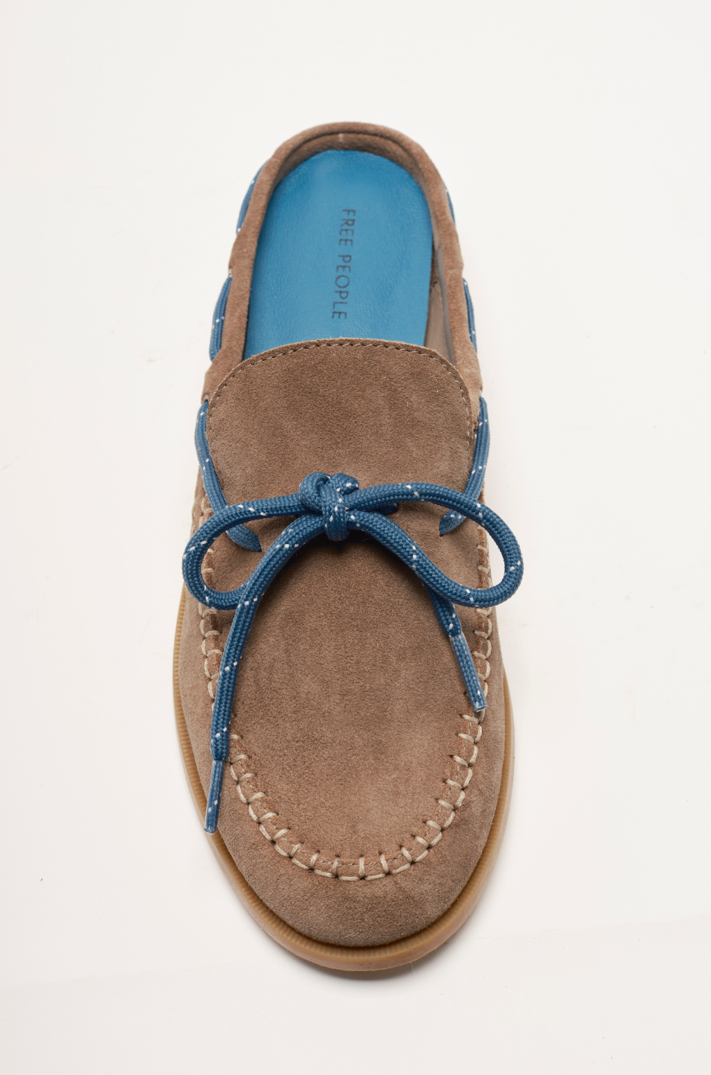 Tan suede mule with blue laces and FREE PEOPLE insole label