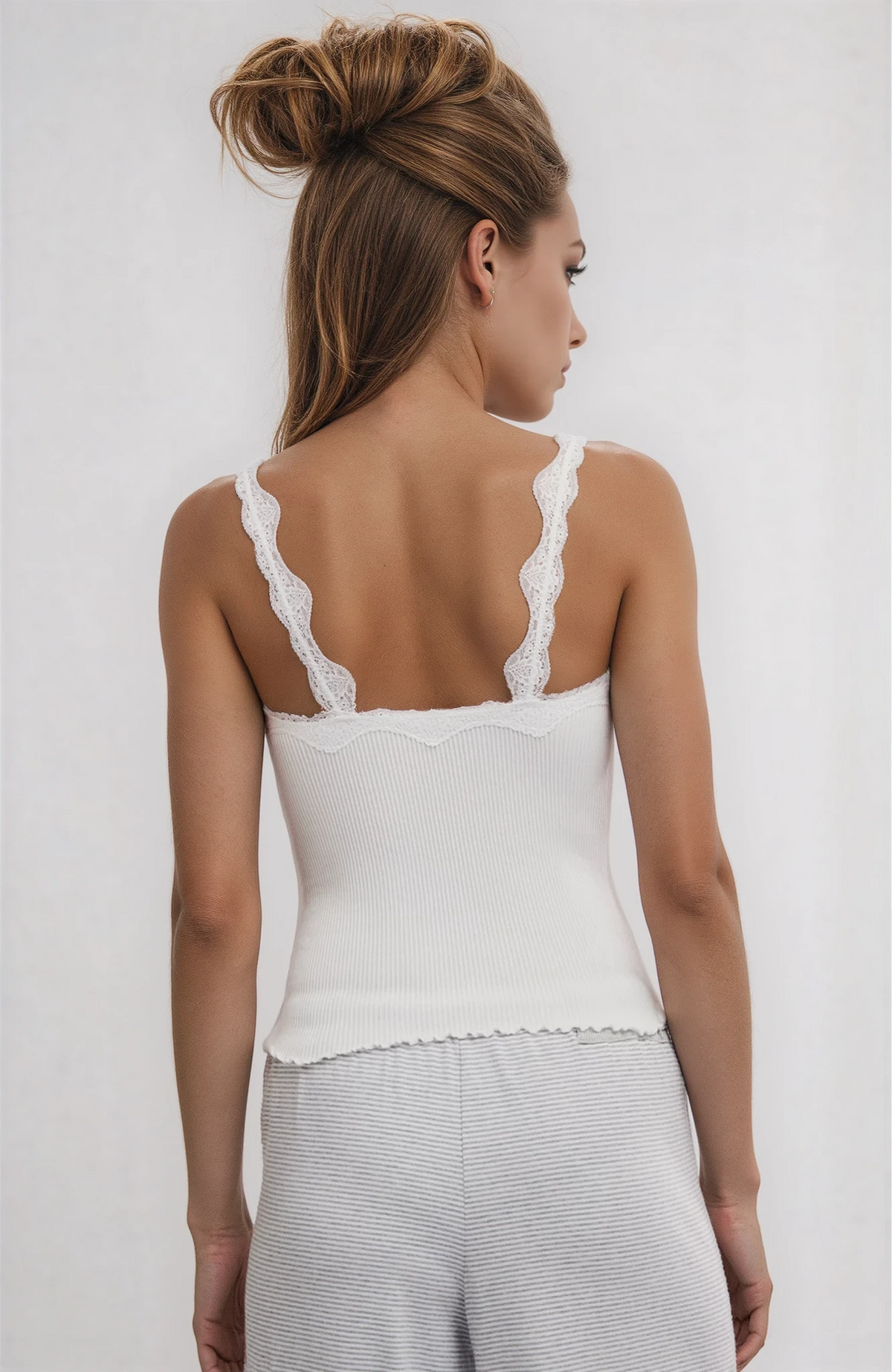 White ribbed cami with lace-trim back and scalloped neckline