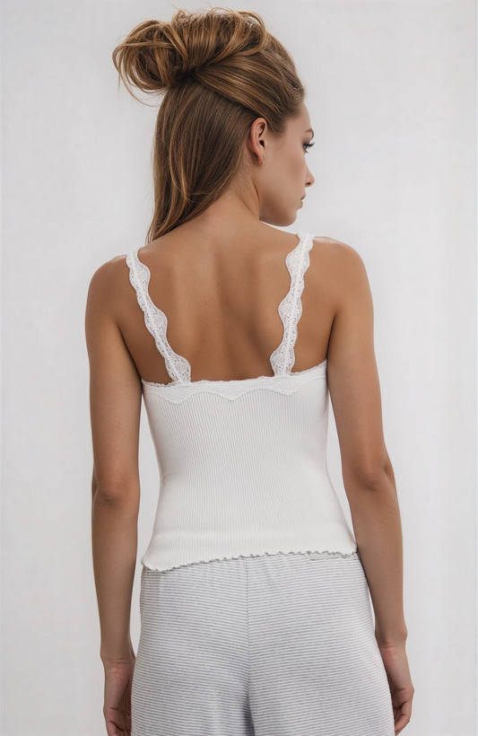 White ribbed cami with lace-trim back and scalloped neckline