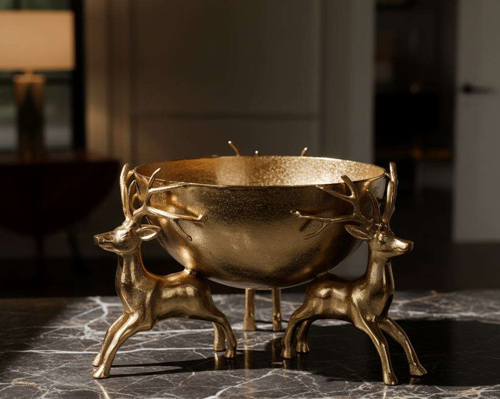 Gold aluminum bowl on four reindeer legs with side handles