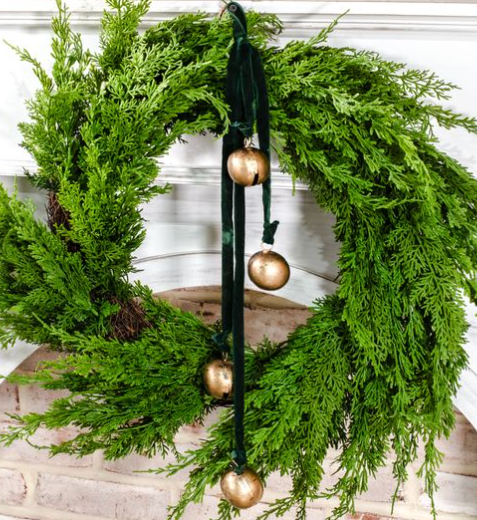 Four-bell hanger with dark green velvet ribbons and burnished gold bells