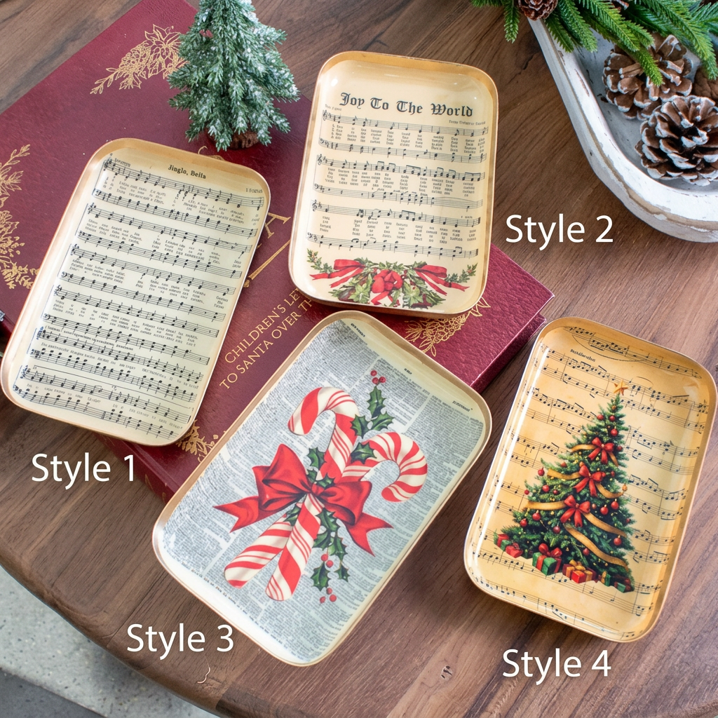 Set of four 7-inch festive trinket trays with sheet music and Christmas designs