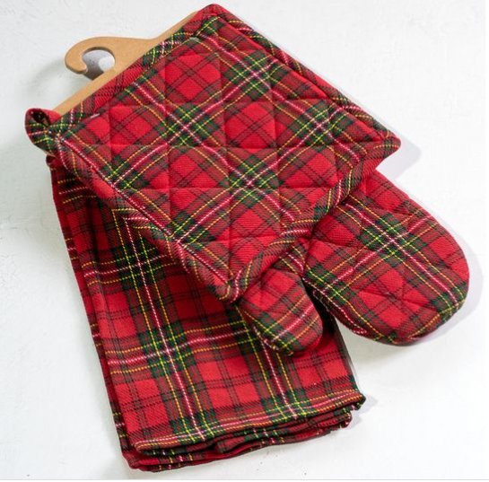 Three-piece red plaid kitchen set with oven mitt, potholder, and towel