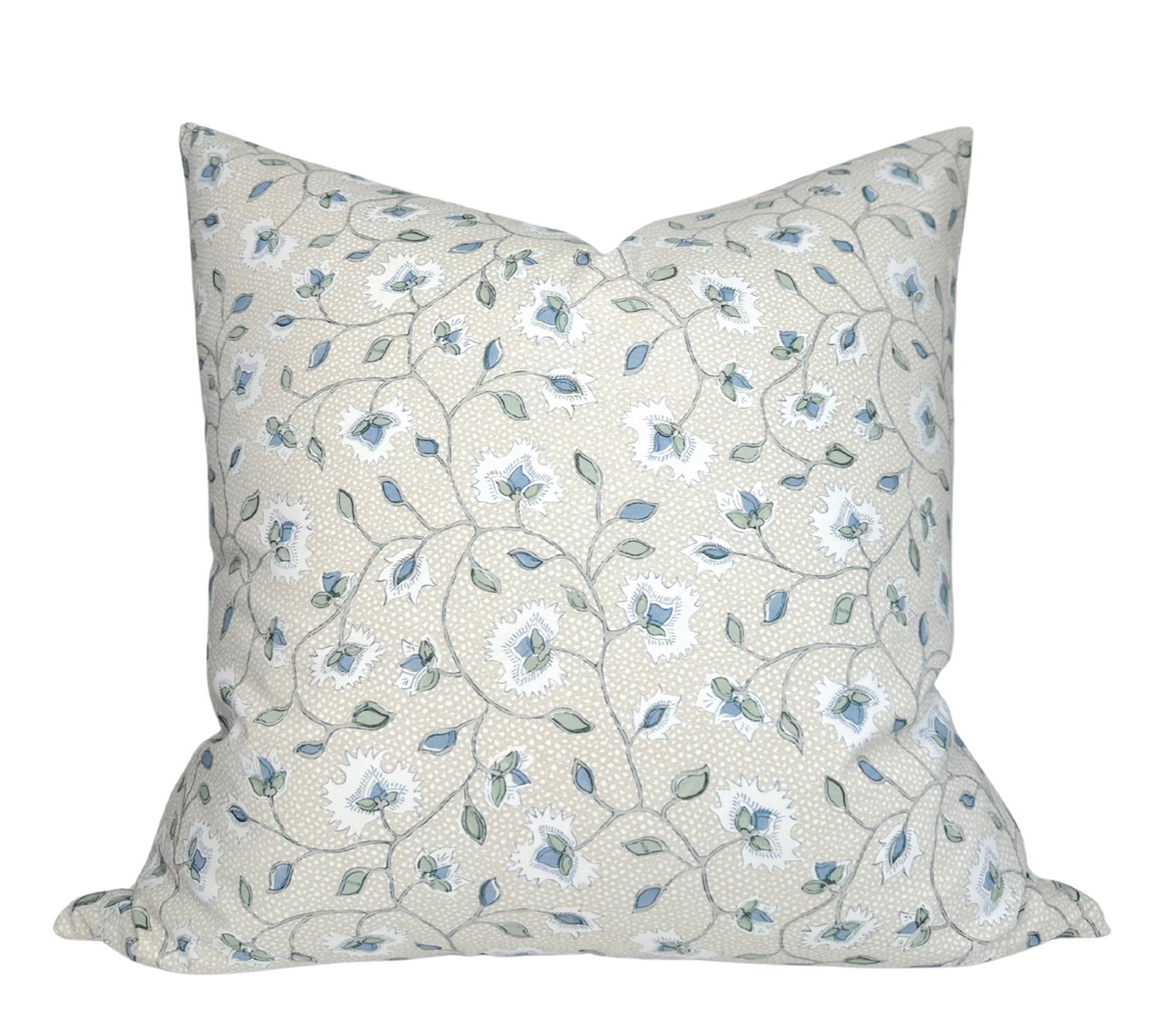 Floral pillow cover in slate blue on light cream fabric with piped edges
