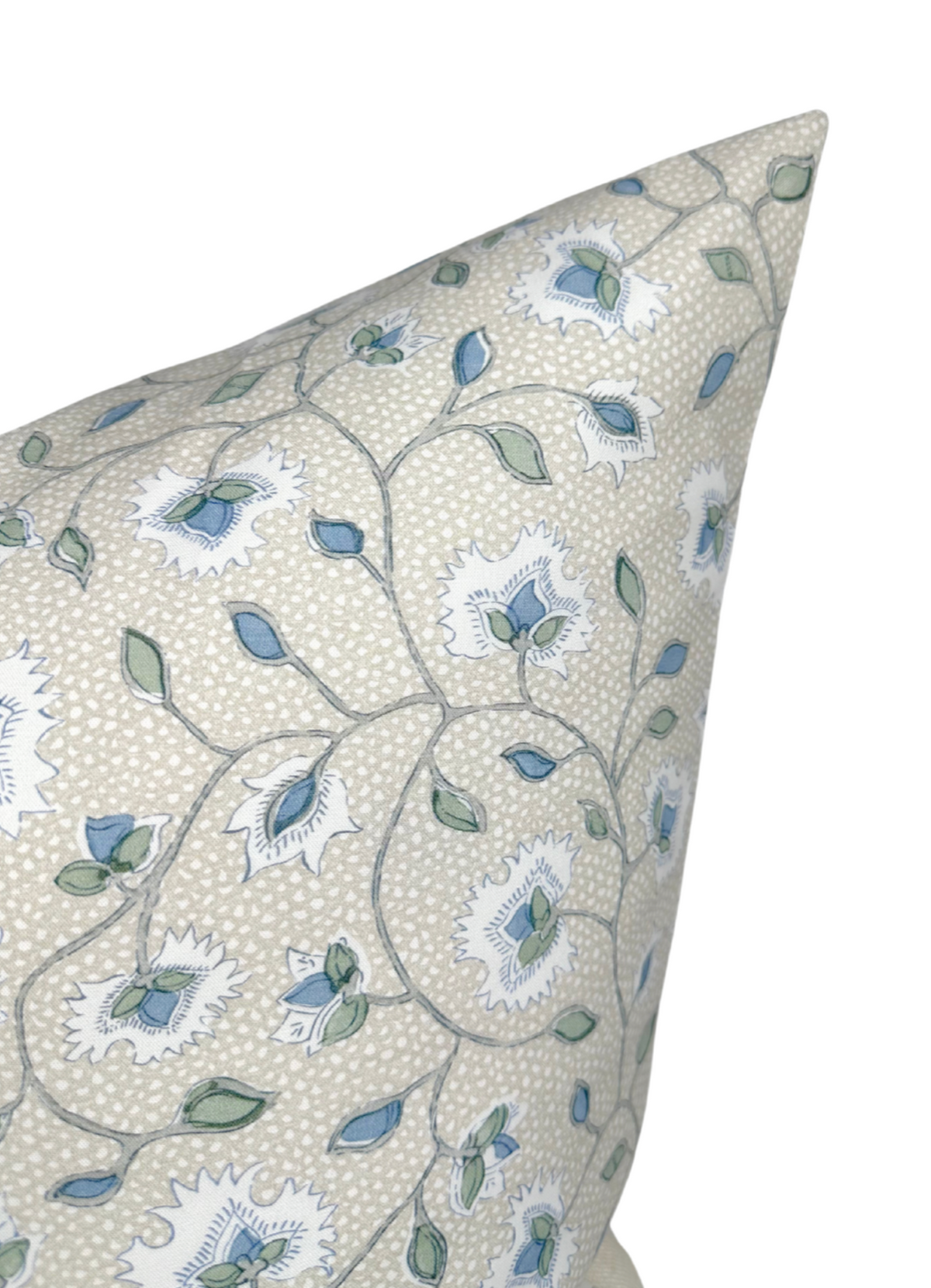 Close-up floral pattern pillow cover with slate blue flowers on light cream