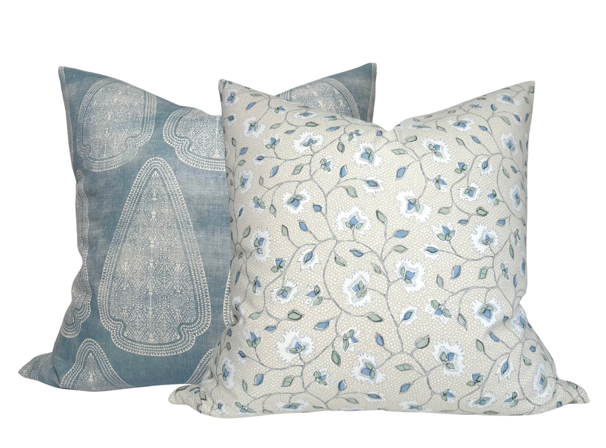 Floral pillow cover in slate blue on light cream fabric, paired with textured slate pillow