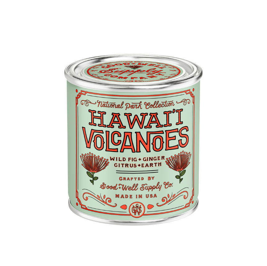 Hawai'i Volcanoes National Park candle in a mint-green tin with fitted lid