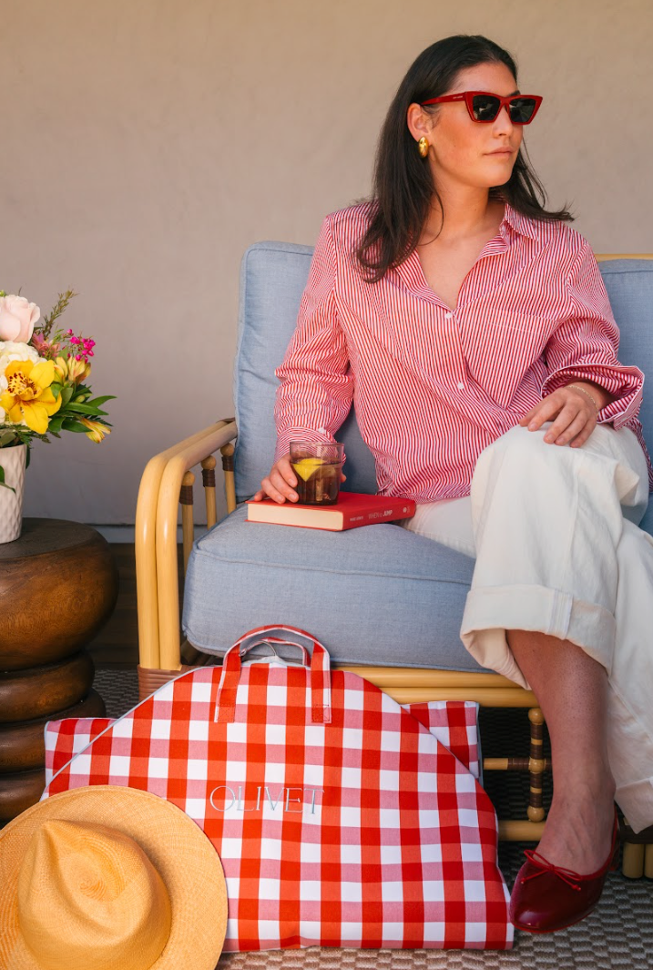 Red and white gingham garment bag with handles and a large front panel
