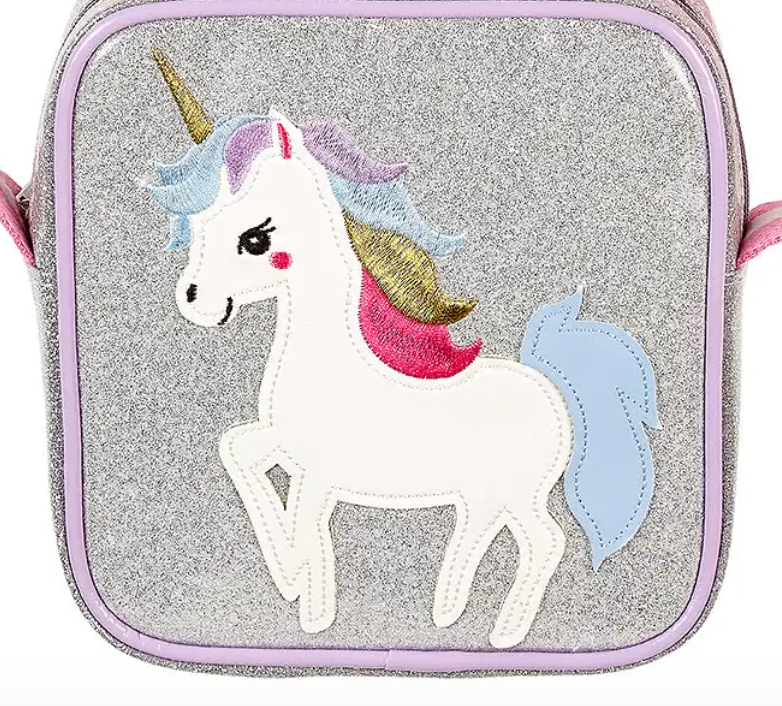 Silver glitter unicorn crossbody purse, rainbow mane, purple-trimmed zipper