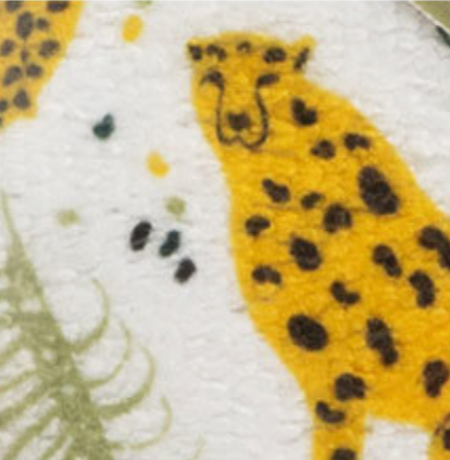 Tiger-print microfiber turbo towel fabric close-up with yellow spotted motif