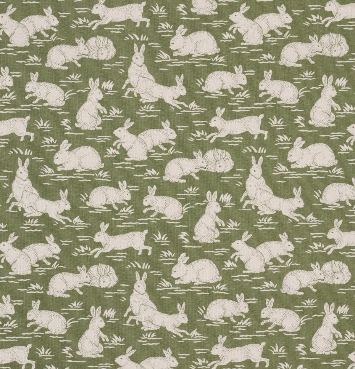 Sage green cotton pillow cover fabric with repeating white rabbit and hare motif