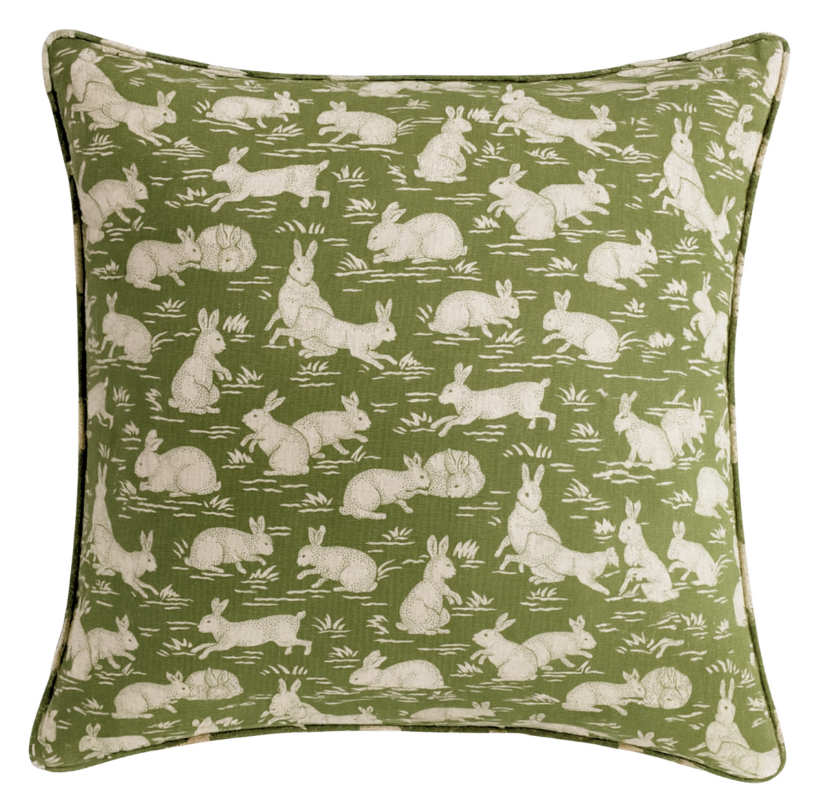 Sage green cotton pillow cover with white rabbit and hare pattern, piped border