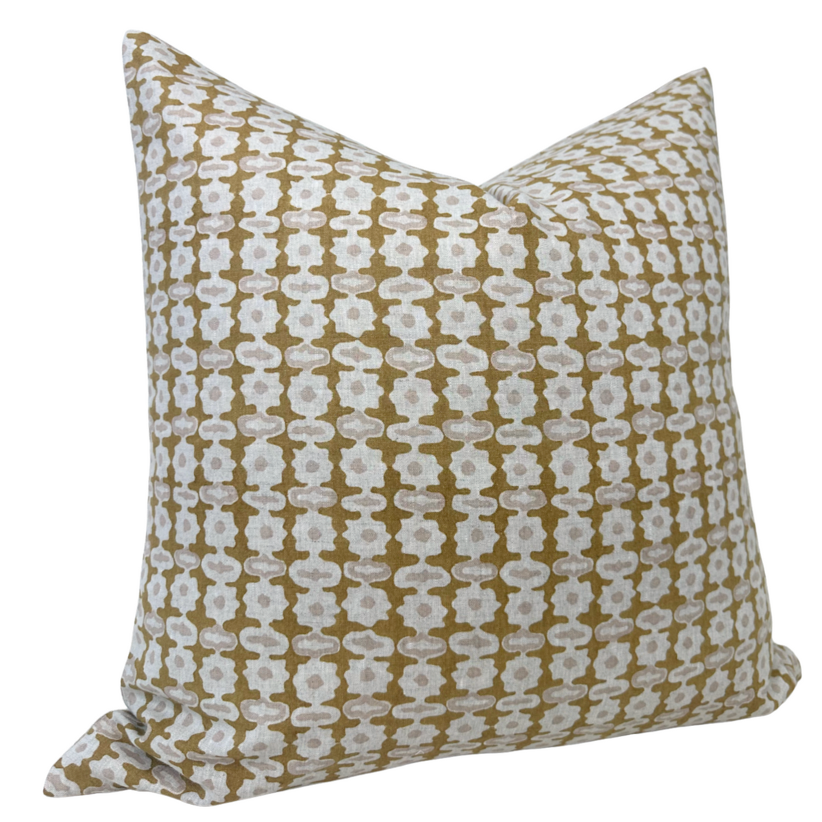 Geometric print pillow cover in saffron, cream, and taupe tones
