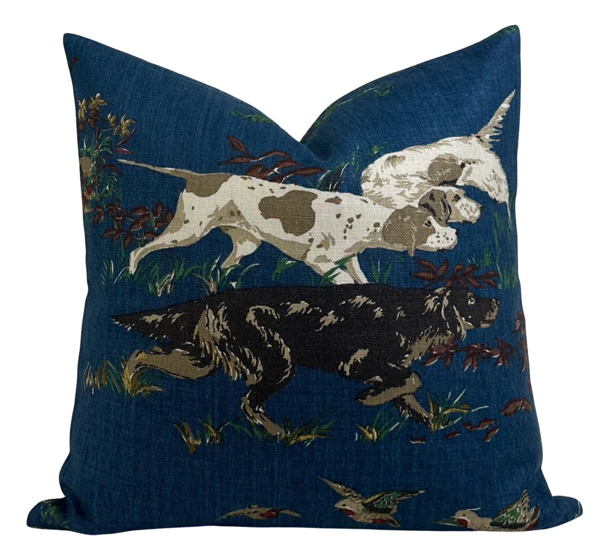 Navy pillow cover with illustrated hunting dogs, birds, and plants on front.
