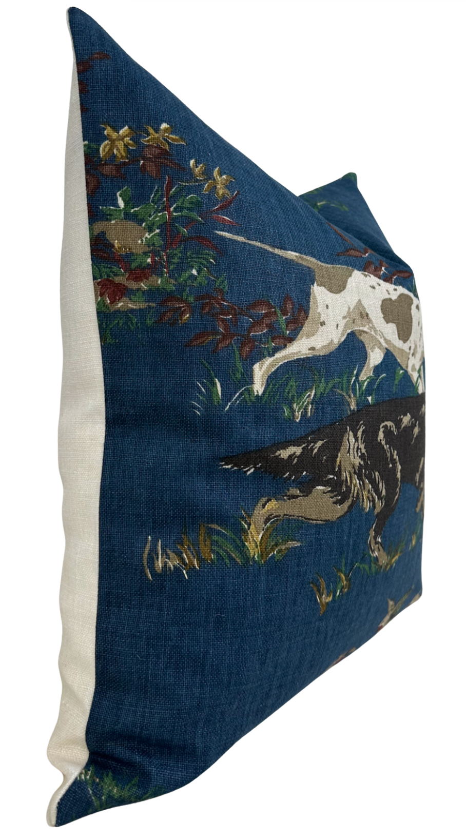 Navy printed pillow cover with hunting dogs and birds; off-white back panel shown.