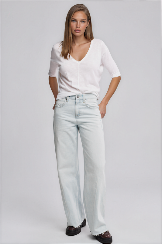 Light blue wide-leg jeans with V-stitched waistband and button fly